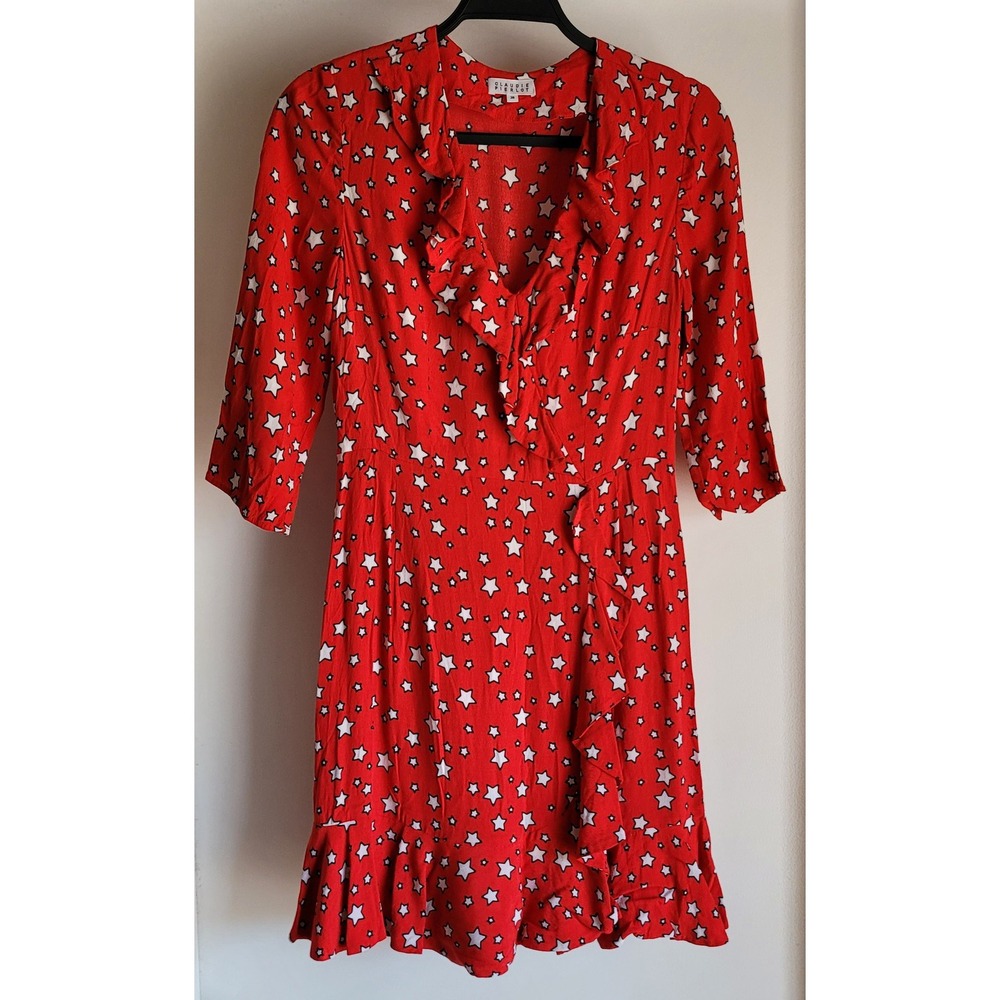 Claudie Pierlot Mini Dress Size 38 Red White Star Print Collared Faux Wrap